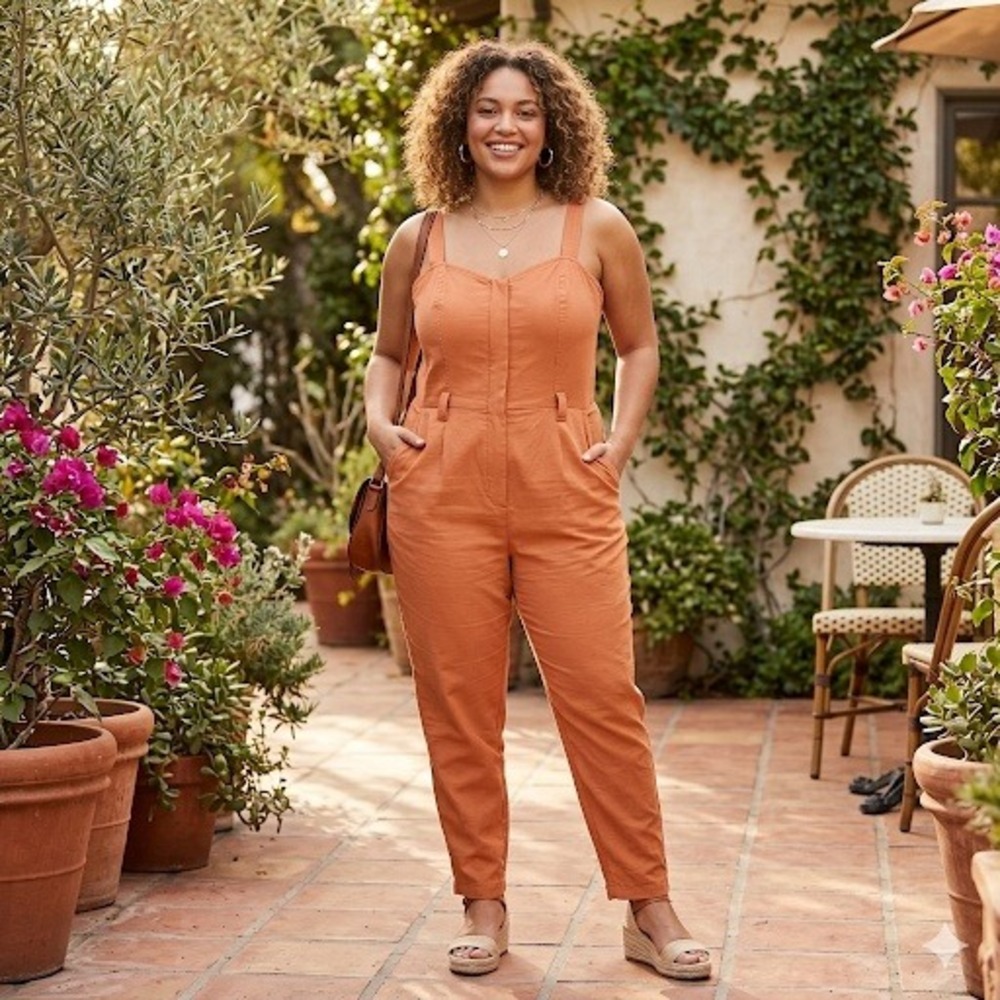 Nine West Terracotta Smocked Sweetheart Jumpsuit Romper XL Utility
Women's